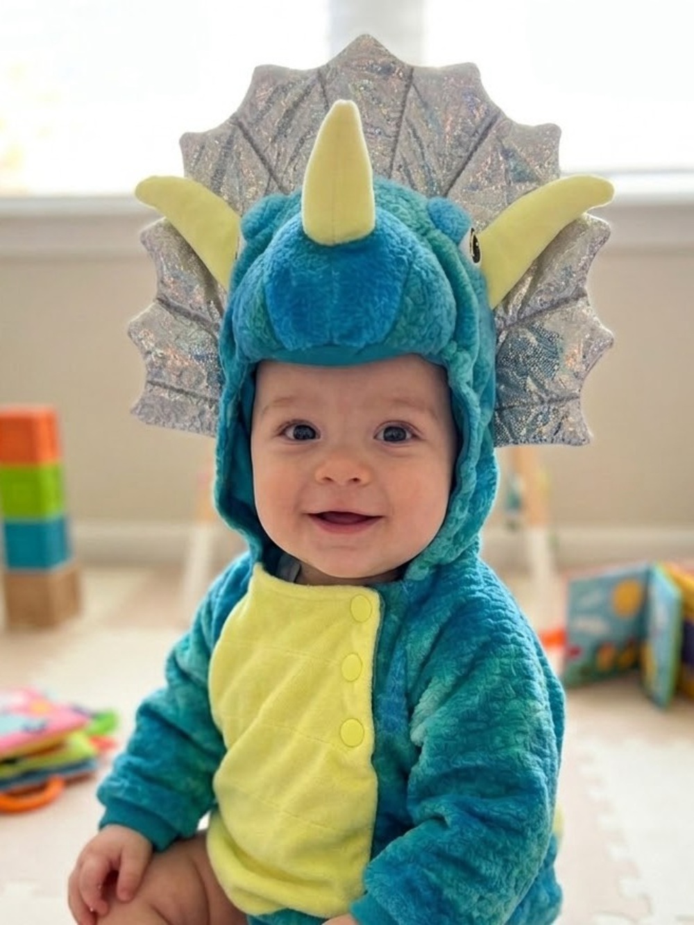 Infant Teal & Yellow Plush Triceratops Costume baby 0-6 M